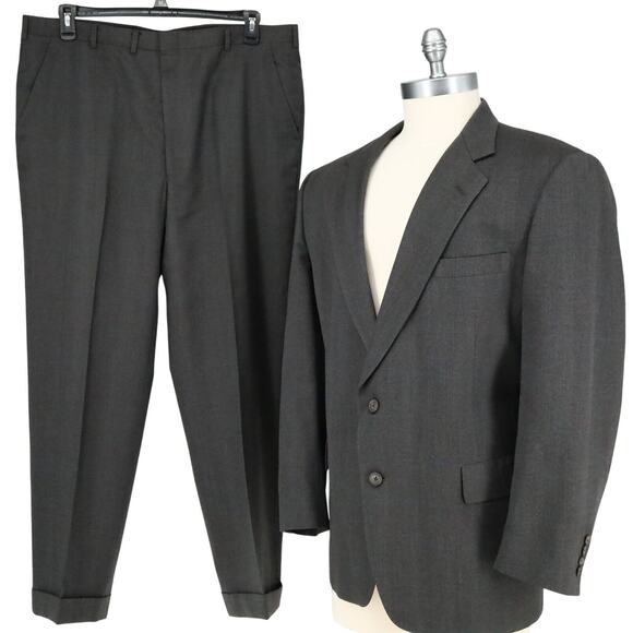 Hart Schaffner Marx Mens 46L Dark Gray Wool Suit Cuffed Pants Heritage Plus